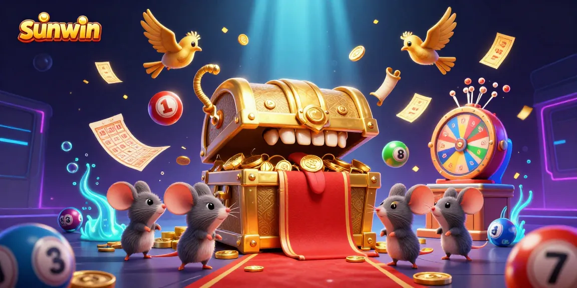 Experience big wins at Sunwin with a vibrant illustration of a treasure chest and lottery elements.