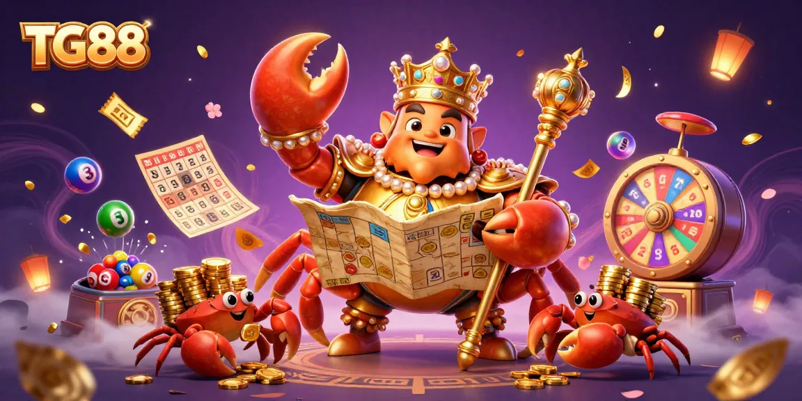 Engage with TG88's thrilling games amidst a dynamic scene of golden crabs and vibrant lottery elements.