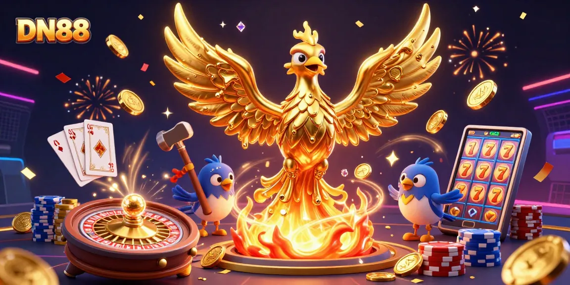 Experience thrilling gaming adventures at DN88 with a molten gold phoenix amidst cascading coins and vibrant casino symbols.