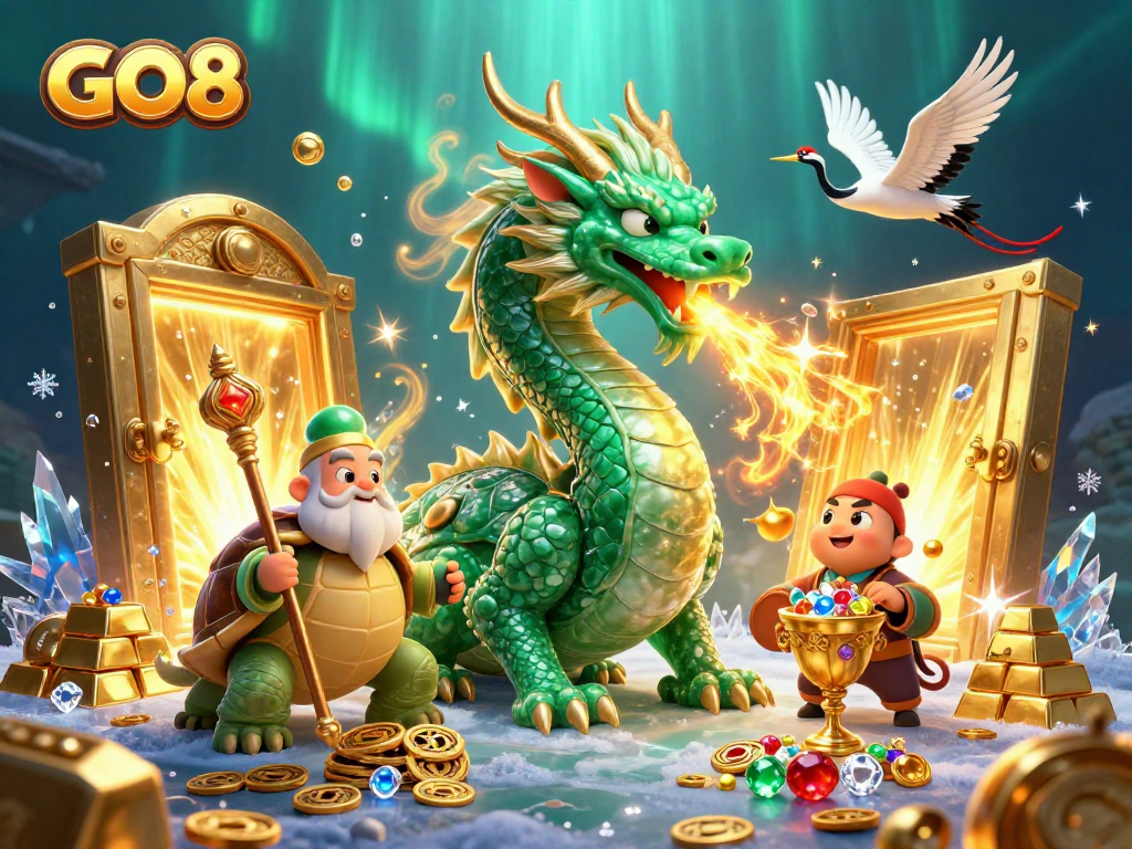 Experience GO8's exciting gaming universe with vibrant dragon, characters, and treasures in 3D.