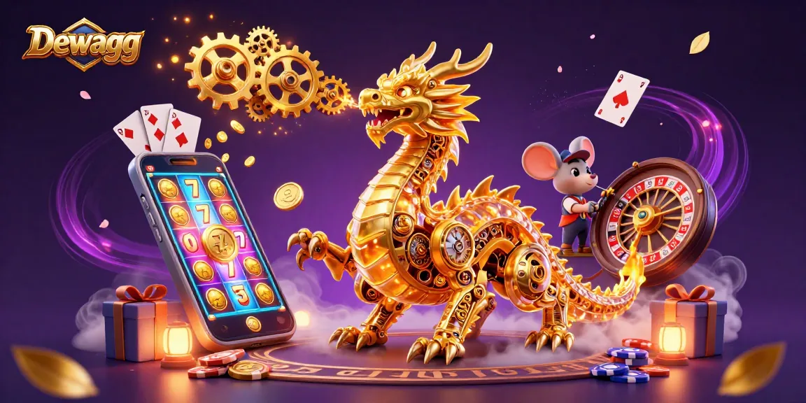 Dewagg features a golden dragon with hidden mechanics amidst dynamic casino elements in this vibrant scene.