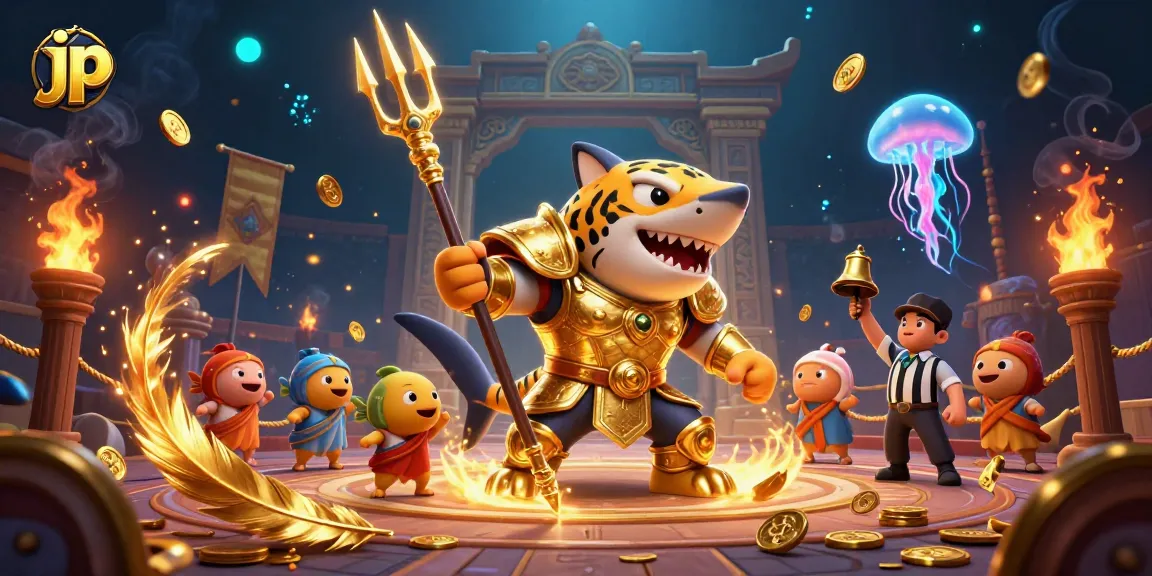 Engage in exciting jp casino adventures with a vibrant underwater scene featuring a tiger shark gladiator.