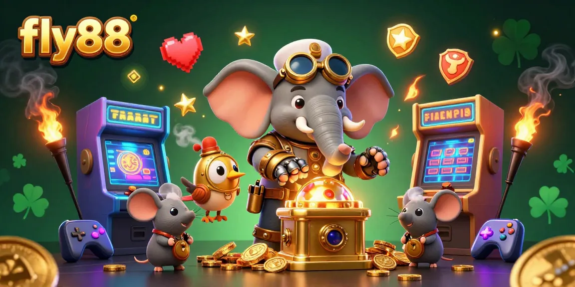 Experience the thrilling action of fly88 with a whimsical 3D illustration featuring a steampunk elephant and casino elements.
