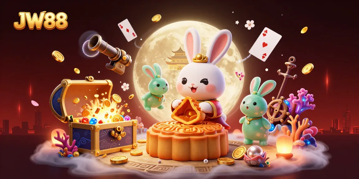 Experience excitement with JW88 in a vibrant 3D digital illustration featuring a moon rabbit and casino elements.