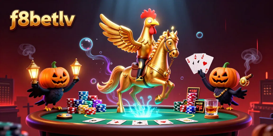 Experience thrilling moments at f8betlv with the golden rooster riding through a vibrant casino scene.