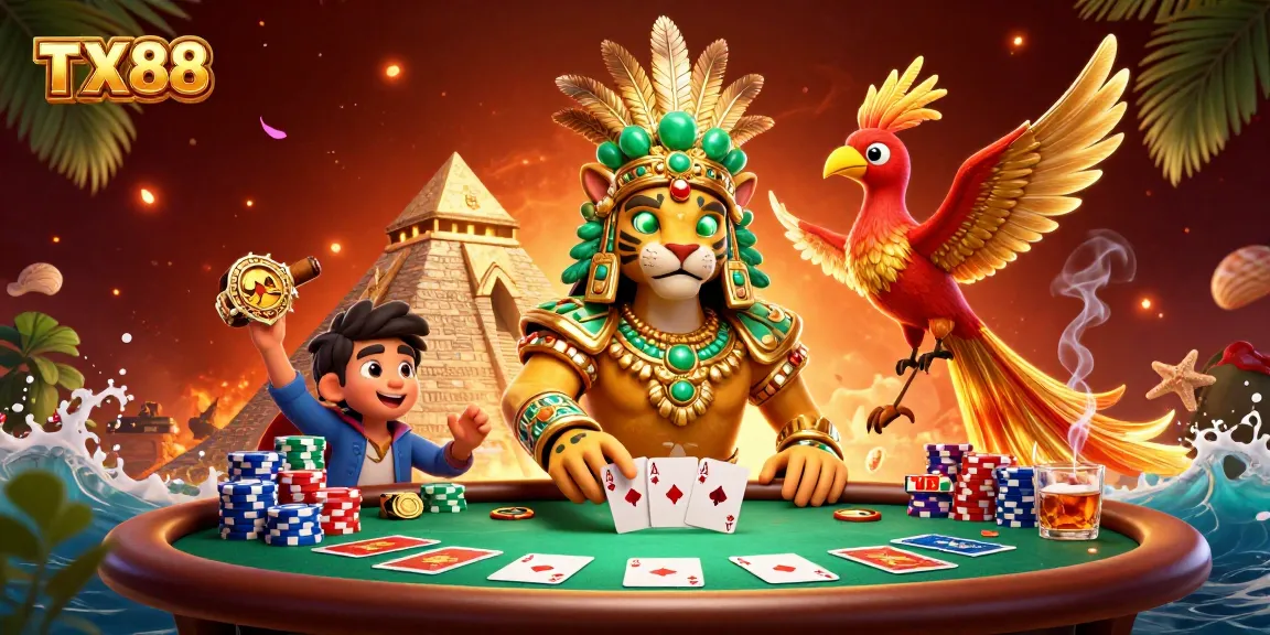 Experience TX88 with a vibrant Mayan casino scene featuring poker action and rich game elements.