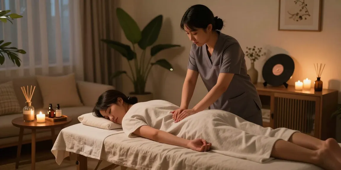 Relaxing 수원출장마사지 session in a cozy home setting with aromatherapy and ambient lighting.