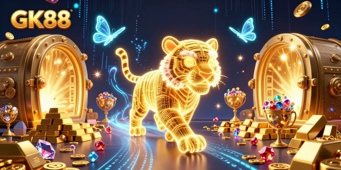 Engage with GK88's thrilling casino experience featuring a golden tiger amidst piles of treasure and games.