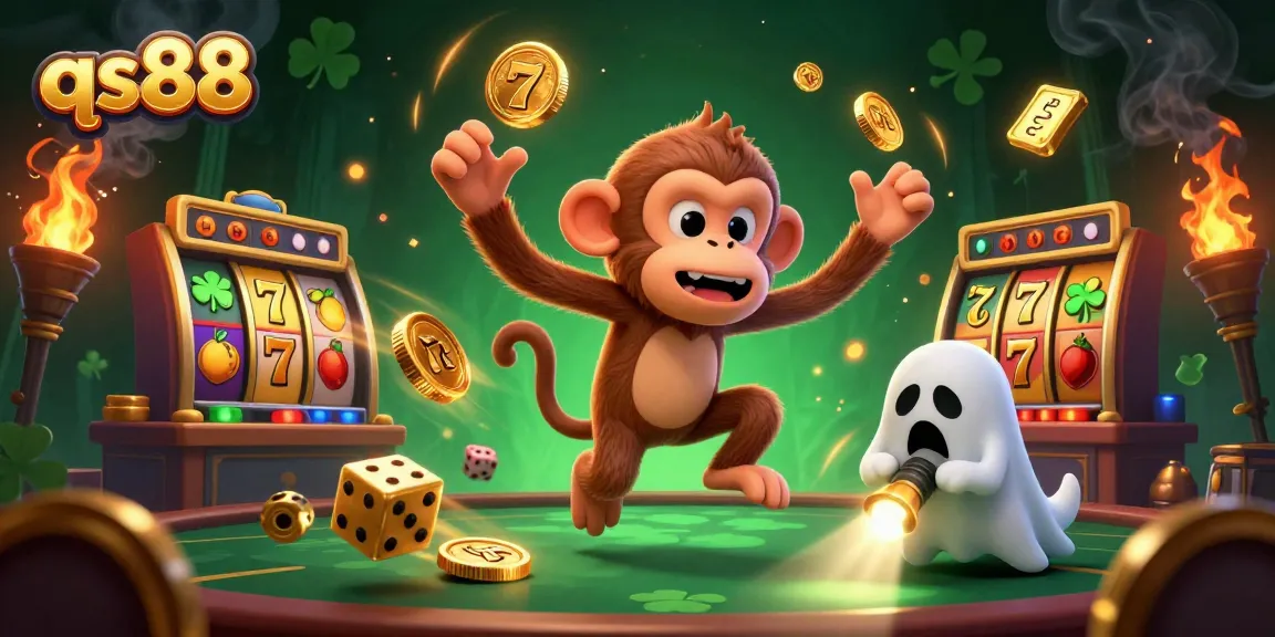 Experience the excitement at qs88 as a mischievous poltergeist monkey juggles golden casino elements in a haunted casino backdrop.