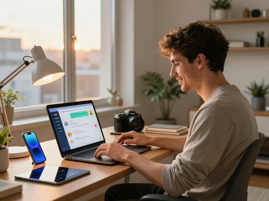 Engaging in porn ai chat in a stylish home office, showcasing the interaction with AI.