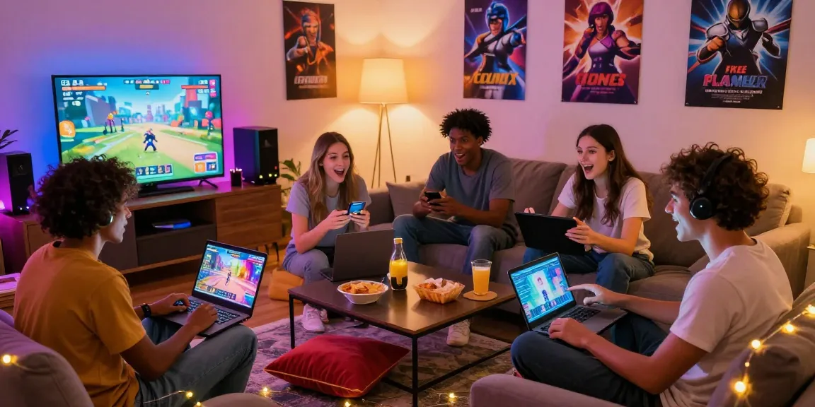A lively gathering playing free porn games online in a cozy living room with friends.