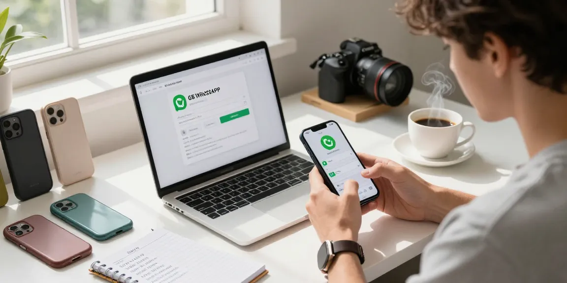 Engaged user exploring GB WhatsApp features on smartphone in a modern workspace.