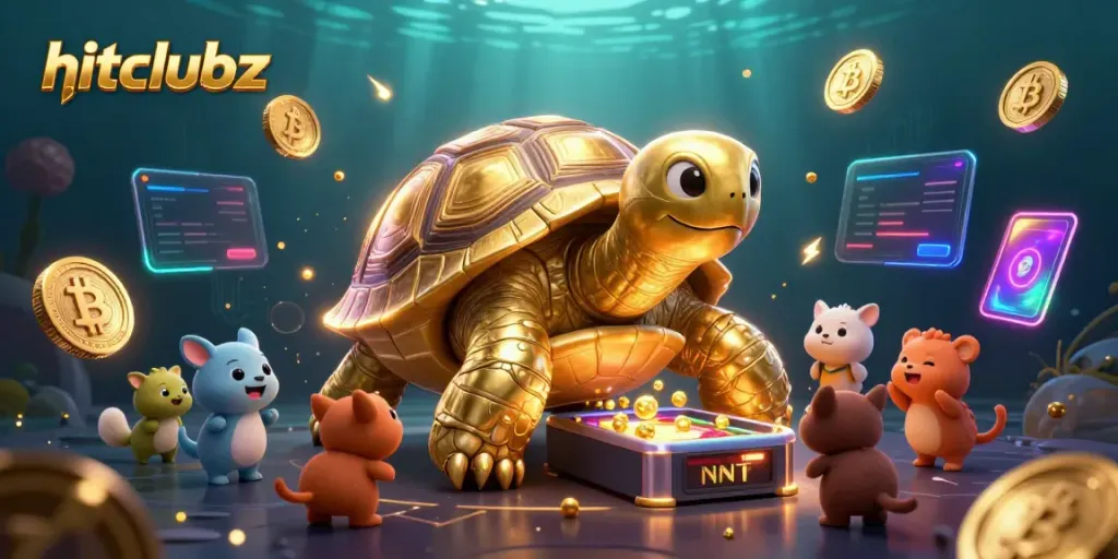 Engage in thrilling gameplay at hitclubz with golden tortoise pinball and glowing cryptocurrency coins.