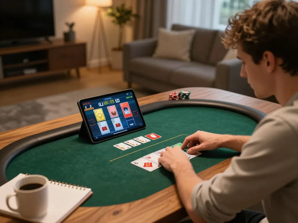 Player engaging in online poker strategy at home, showcasing sc88seo for strategic gameplay insights.