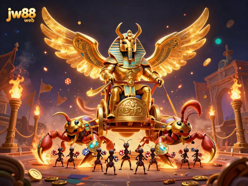Experience exciting gameplay at jw88 web with vibrant 3D animation showcasing the golden scarab beetle and scorpions.