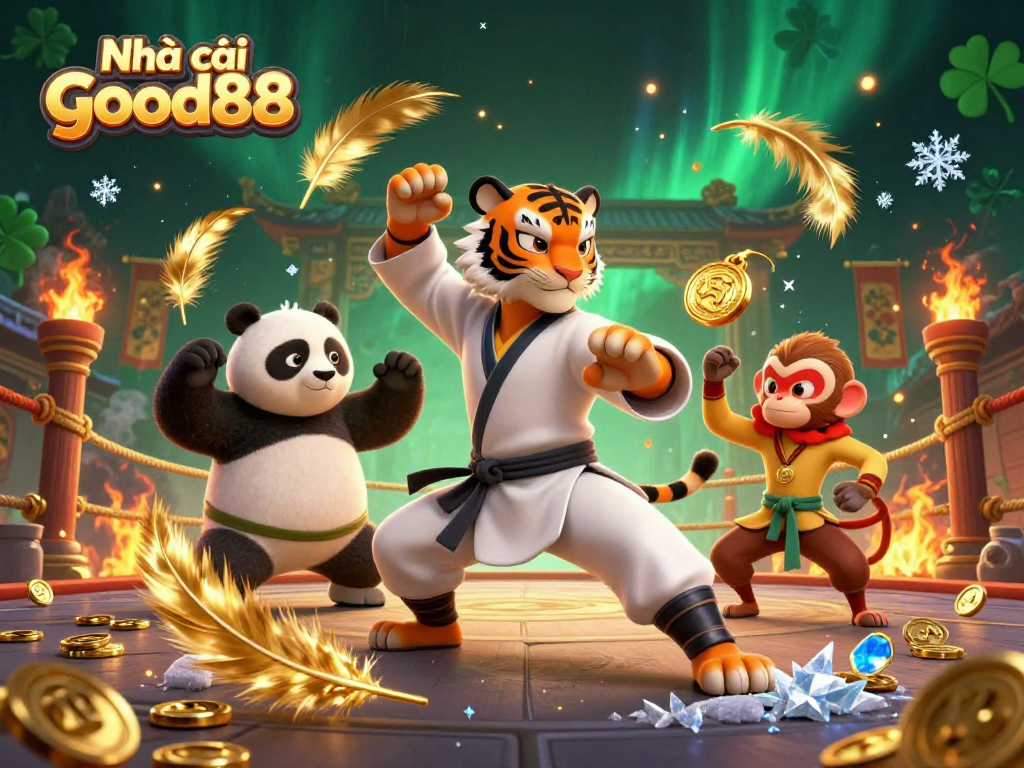 Engage with the dynamic scene of Nhà cái good88 featuring a kung fu tiger, panda disciple, and mischievous monkey among golden tokens.