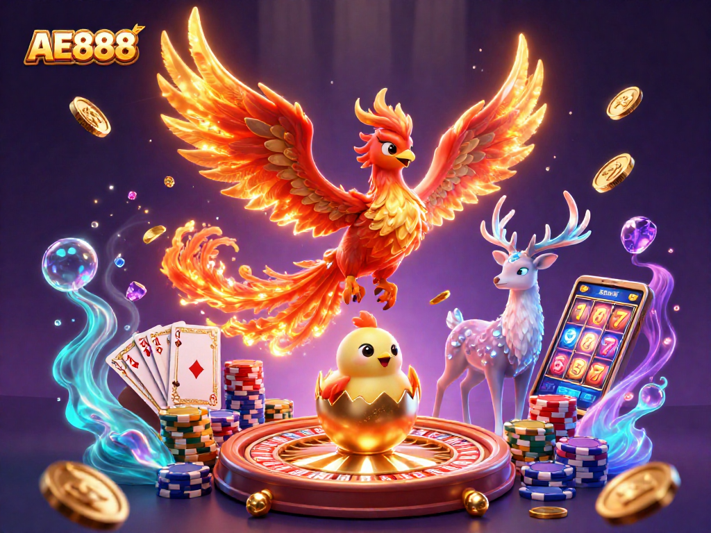 Experience AE888’s thrilling gameplay with a fire phoenix, baby chick, and stag among casino riches.