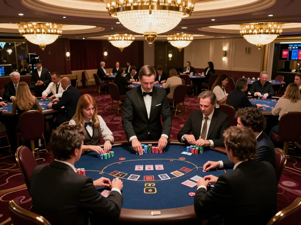 Các người chơi đang tận hưởng một trò chơi poker căng thẳng tại casino 12bet, với ánh sáng rực rỡ và bầu không khí năng động