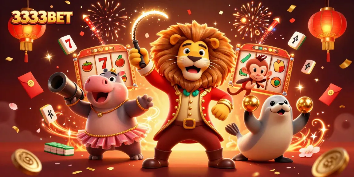 Engage with 3333BET's dynamic casino scene featuring a ringmaster lion, joyous characters, and festive gaming elements.