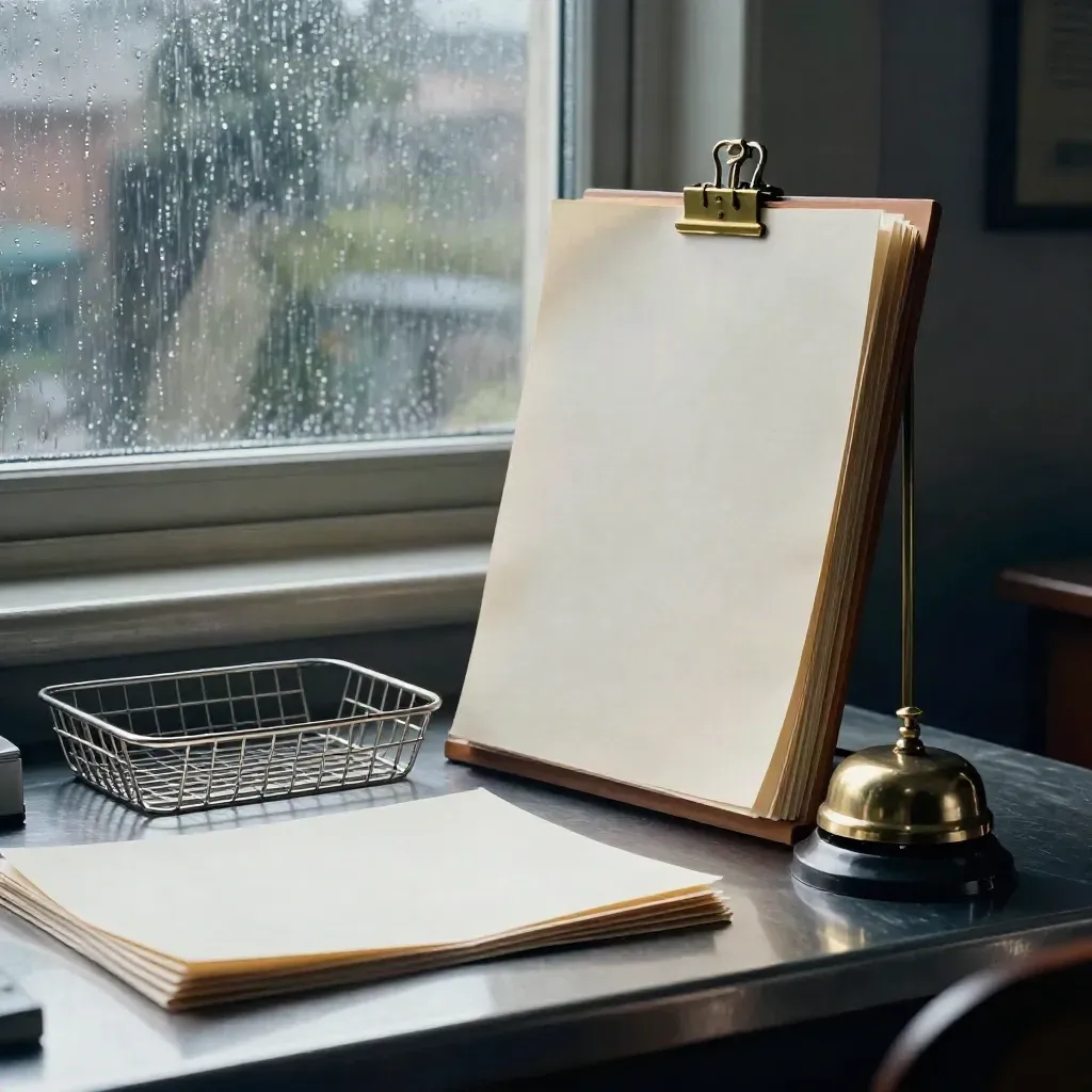 Brass copy spike, inbox tray and newsroom bell on brushed steel in soft rainy morning light.