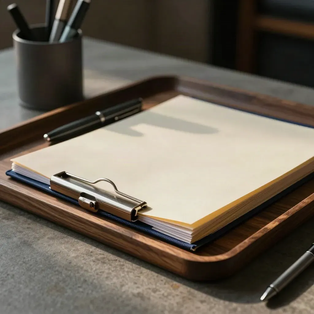 Press recap folder, pen cup, and in-tray on stone with warm bokeh