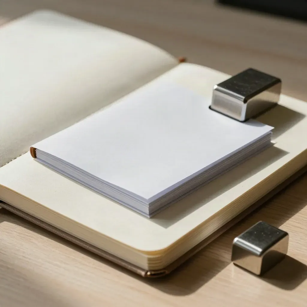 Closed notebook, stapled recap packet, and steel paperweight on pale wood in soft light.