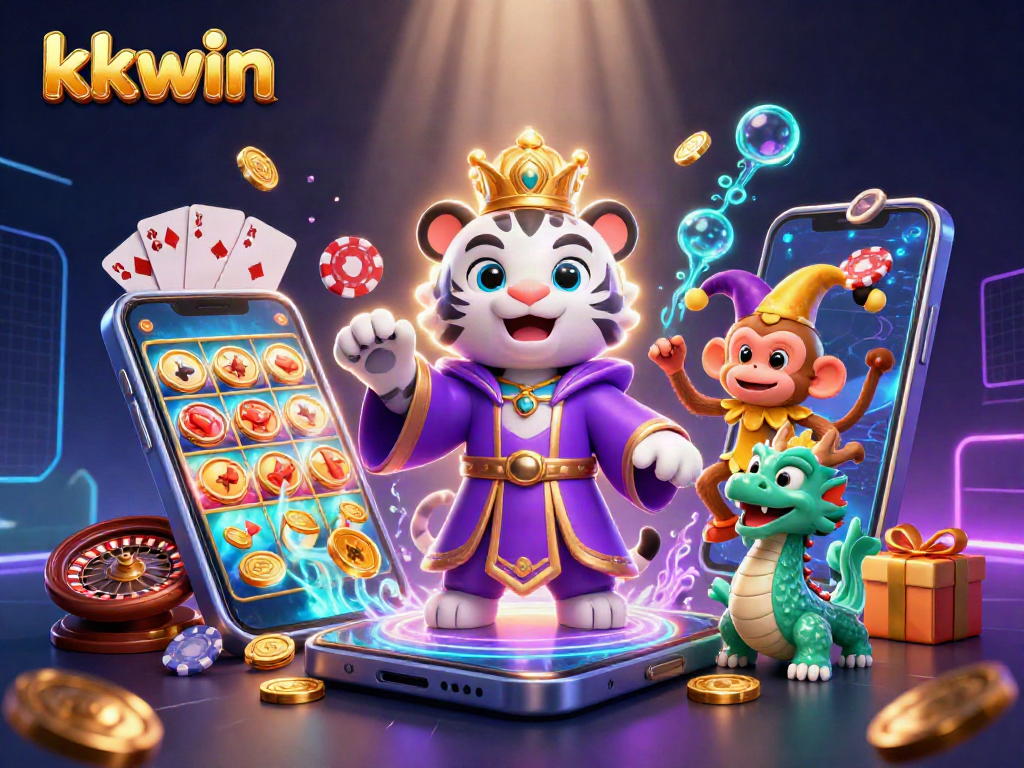 Engage with kkwin in a vibrant 3D casino world, featuring a majestic white tiger, juggling monkey, and interactive games.