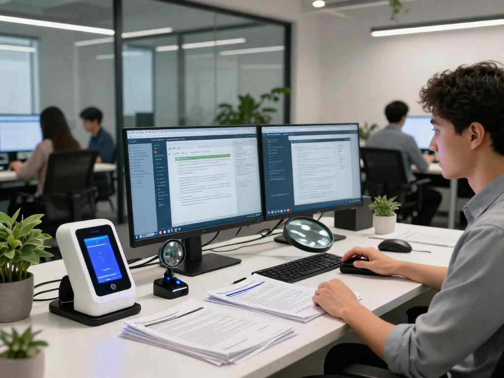 Data analyst focused on document fraud detection in a modern office, analyzing dashboards and verification tools.