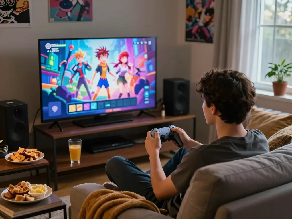 Engaging scene highlighted by adults enjoying porn games html in a cozy gaming environment with snacks and vibrant visuals.