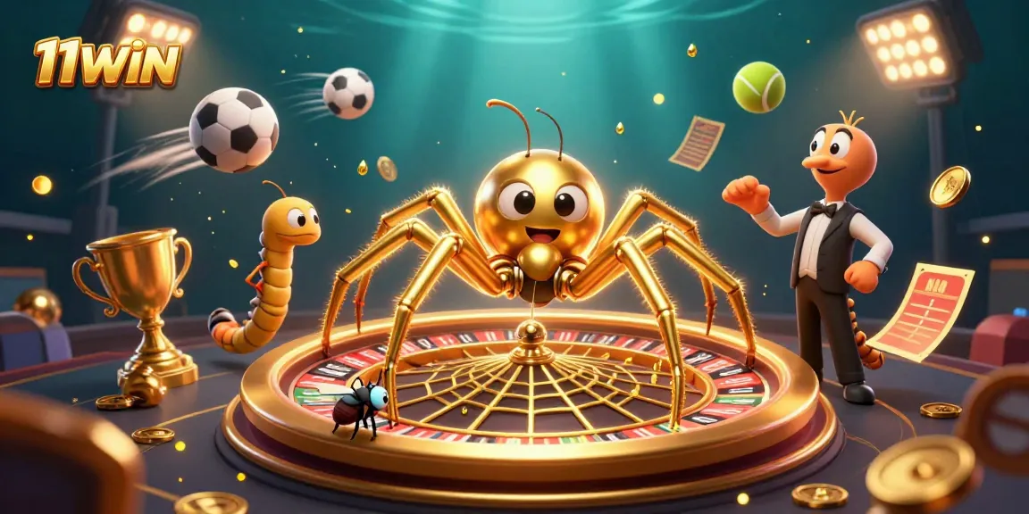 Feel the excitement of 11WIN as a centipede croupier and a golden spider spin a roulette wheel in a dynamic casino scene.