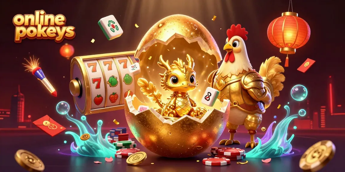 Engage with online pokies in a vibrant 3D casino scene featuring golden dragon and slot reels.