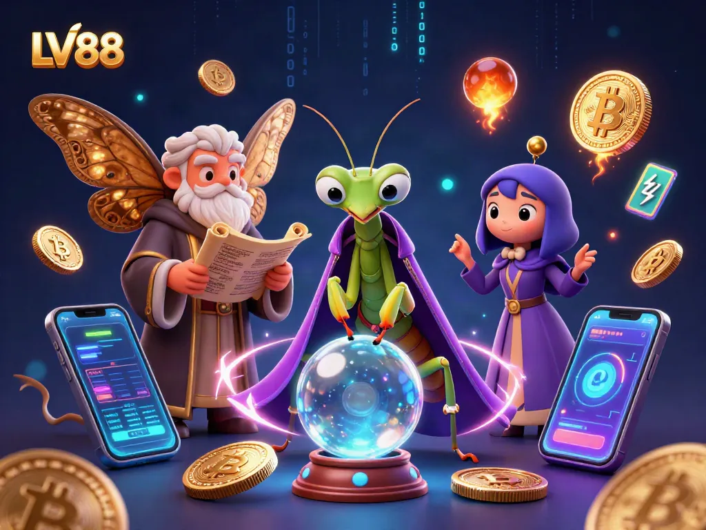 Engage with LV88's vibrant 3D scene showcasing fortune tellers, crypto coins, and mystical gambling elements.