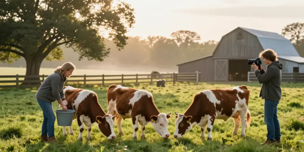 Mini cattle grazing on a picturesque farm with a family member feeding them, capturing a serene rural lifestyle.
