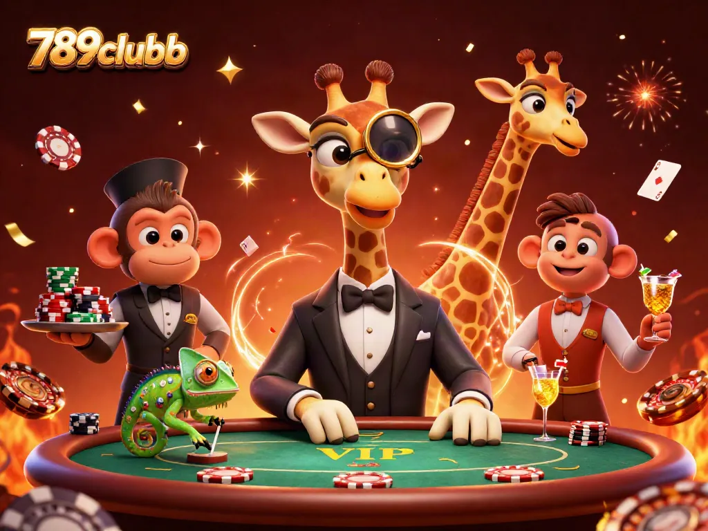 Engage with 789clubb's thrilling casino atmosphere featuring a high-roller giraffe and festive elements.