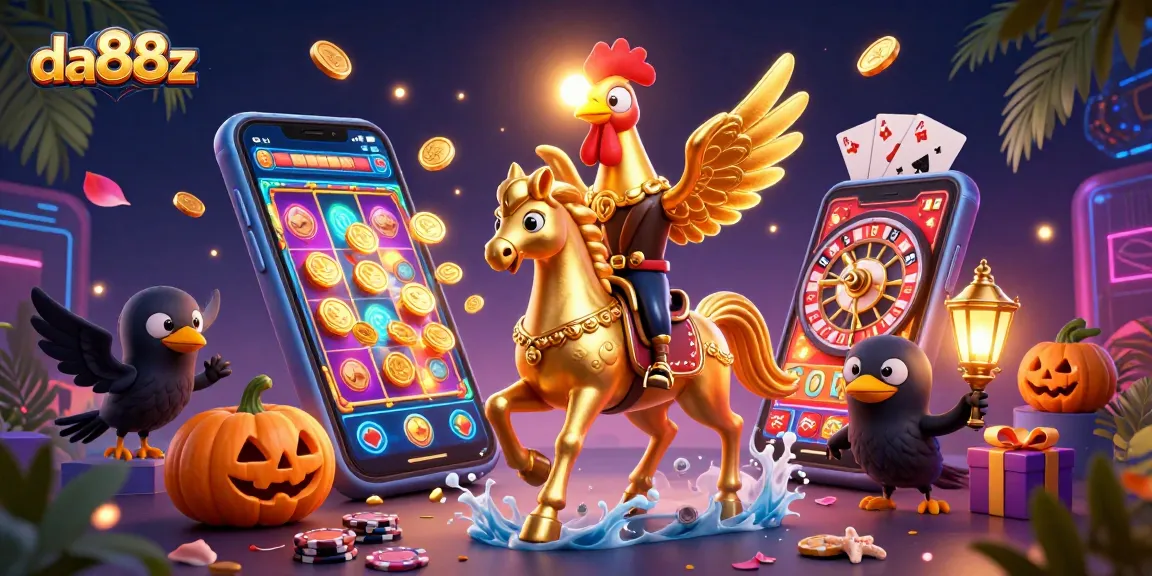Experience the excitement of gaming with da88z, featuring a golden rooster in a vibrant casino scene.
