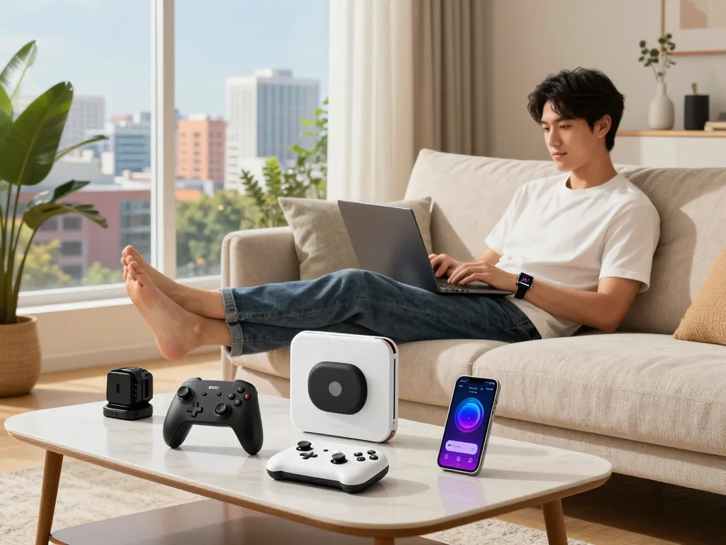 Affordable tech gadgets displayed in a cozy living room, showcasing modern lifestyle products.