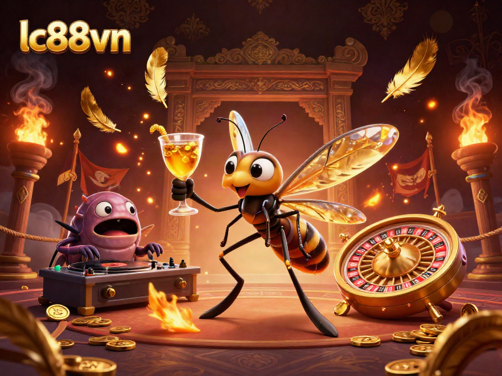 Spin and win with lc88vn's vibrant casino-themed 3D illustration featuring a unique mosquito mascot.