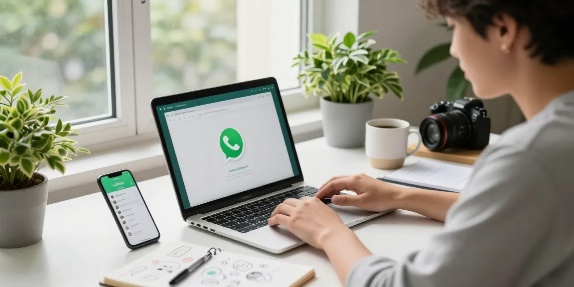 Using WhatsApp電腦版 in a modern professional workspace with laptop and smartphone notifications.