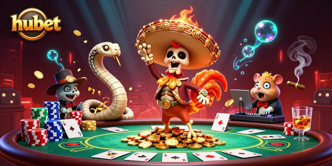 Celebrate wins at hubet with a vibrant, cartoonish casino scene full of excitement.