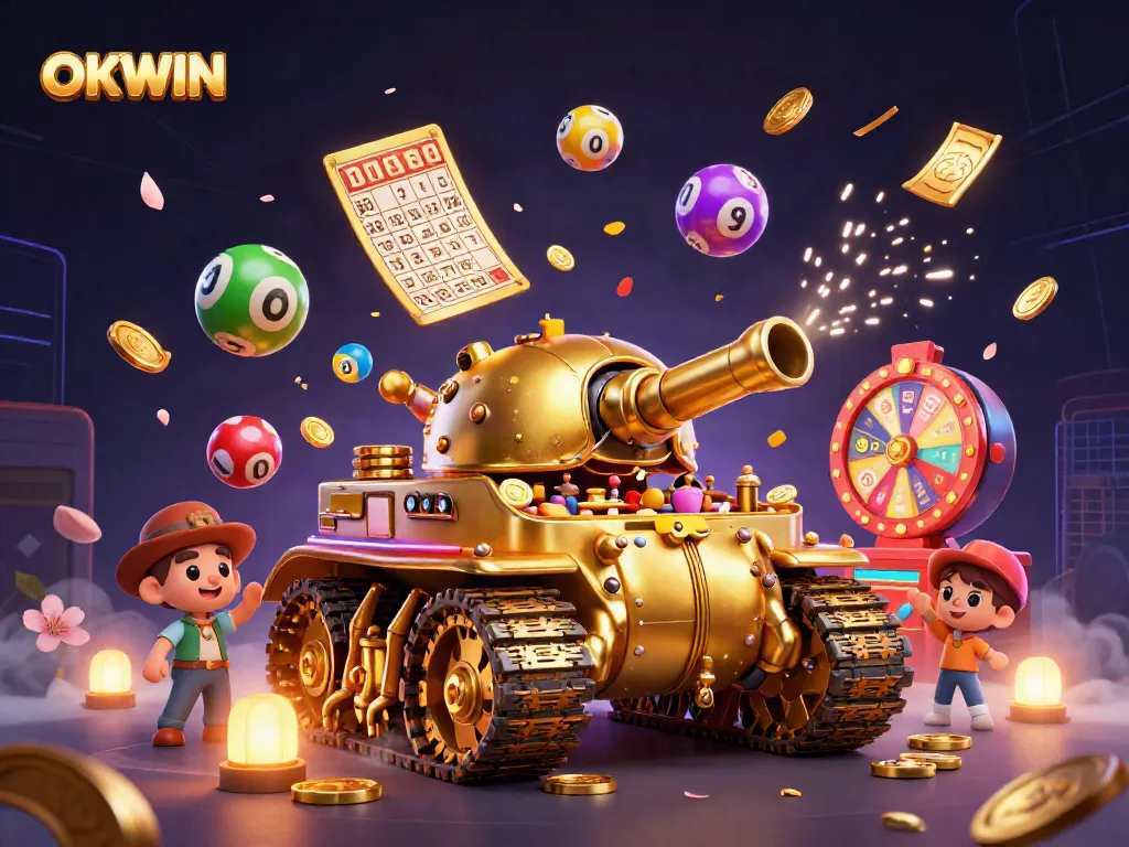 Experience engaging gaming action at OKWIN with a dynamic casino-themed 3D illustration full of excitement.