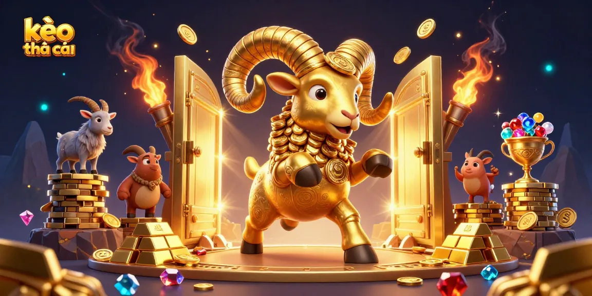 Experience kèo nhà cái excitement with a golden ram charging at treasures in this dynamic illustration.