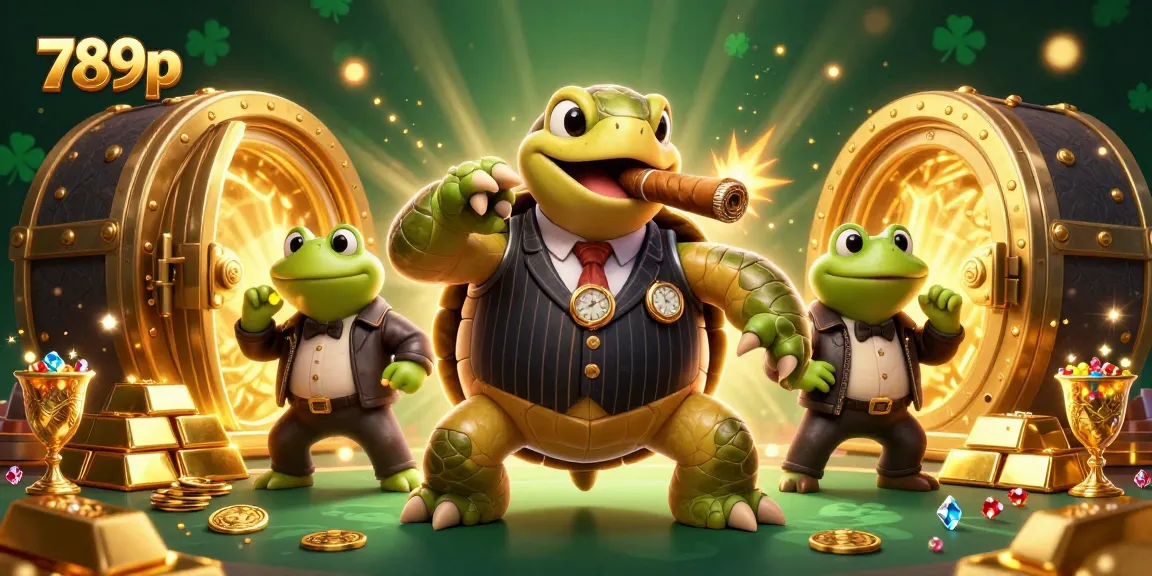 Win big with 789p's vibrant casino scene featuring a turtle and bullfrogs among riches.