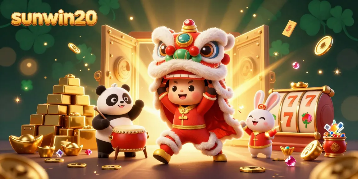 Experience thrilling gameplay with sunwin20 as a lion dance, panda, and rabbit celebrate in a vibrant casino gold scene.
