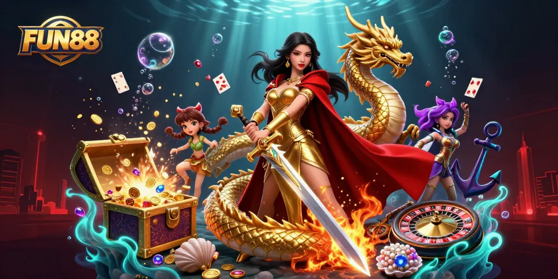 Enjoy thrilling casino games with FUN88, featuring a stunning Asian warrior queen surrounded by dynamic gaming elements.