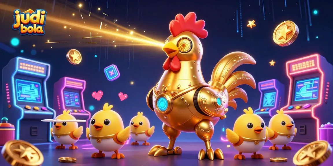 Engage in judi bola with a vibrant scene showcasing a golden rooster robot and baby chick drones amidst arcade elements and glowing game features.