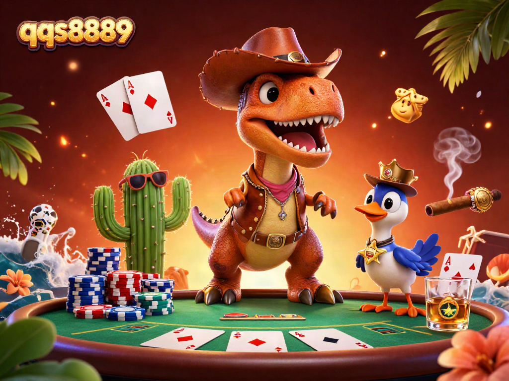 Engage with qqs8889's vibrant 3D cartoon casino scene featuring a dinosaur and poker elements.