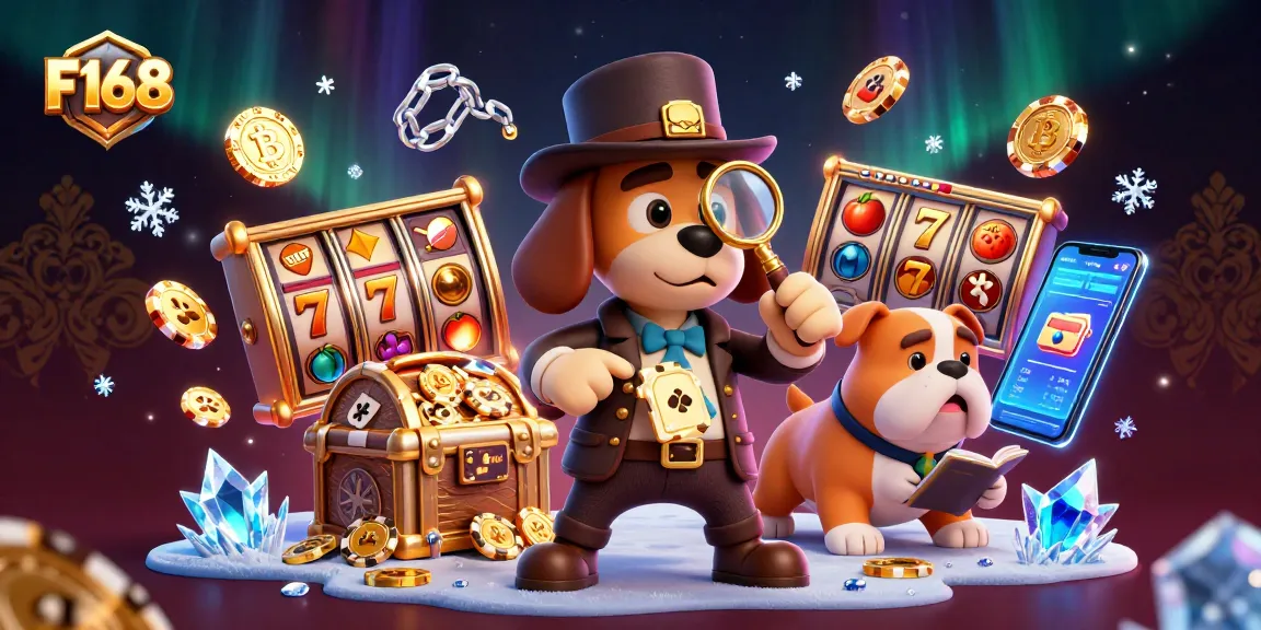 Engage with the F168 casino adventure featuring a detective dog duo discovering poker clues amid dynamic slot game elements.