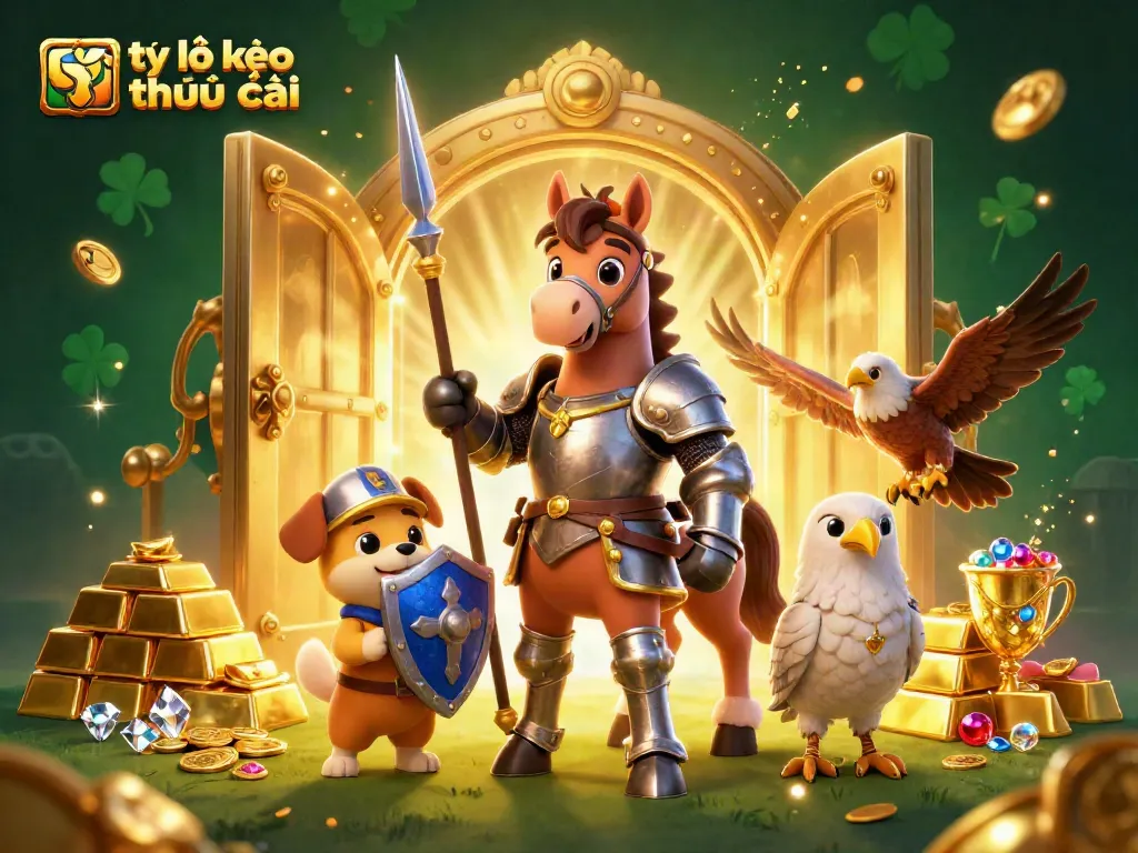 Experience the thrill of tỷ lệ kèo nhà cái with cartoon knights, gold treasure, and a fantasy casino atmosphere.