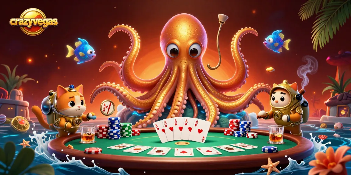 Experience the thrill of crazyvegas as a golden kraken and diving cat play cards amidst vibrant casino elements.