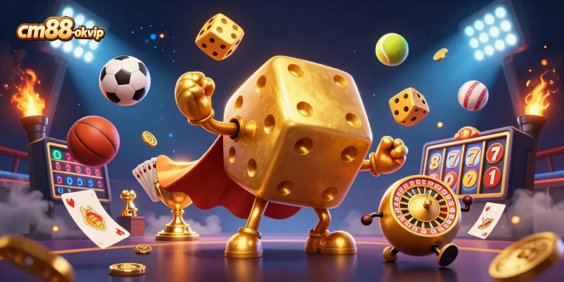 Engage in thrilling casino action with cm88-okvip, featuring dynamic golden dice and vibrant sports elements.